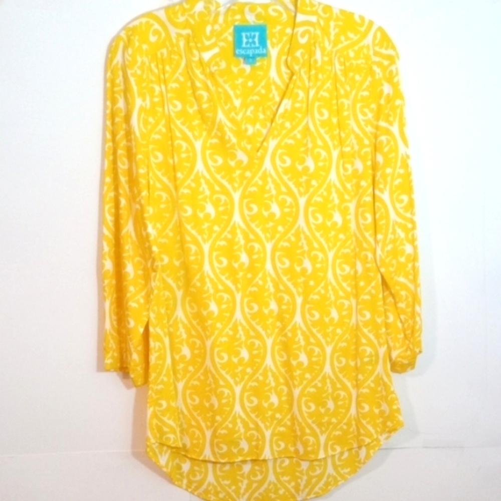 ESCAPADA YELLOW WHITE V-NECK 3/4 SLEEVE HIGH-LOW RELAXED FIT BLOUSE SIZE SMALL
